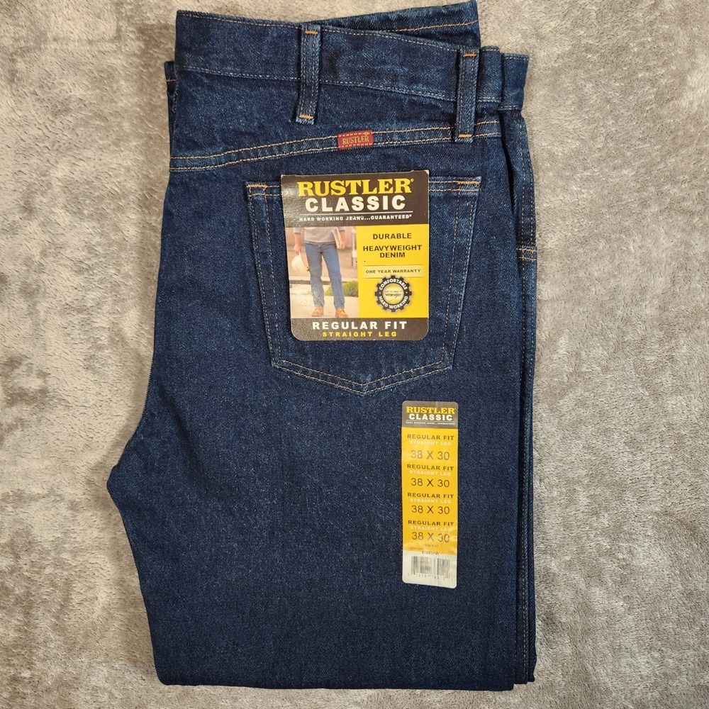 Rustler Classic Jeans Mens 38x30 Blue New Regular Fit Straight Leg Heavyweight
